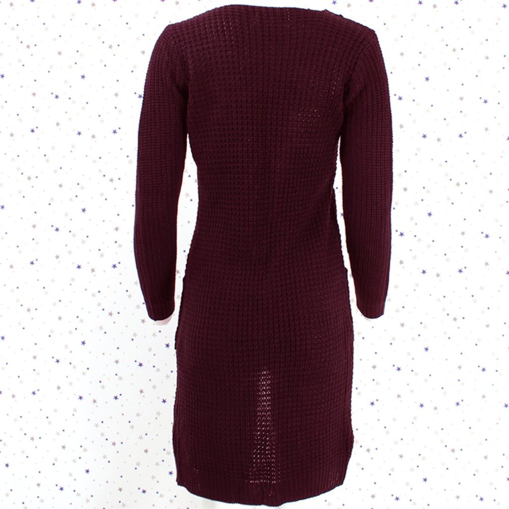 Waffle Knit Duster Long Sweater Cardigan Burgundy - Picture 5 of 7